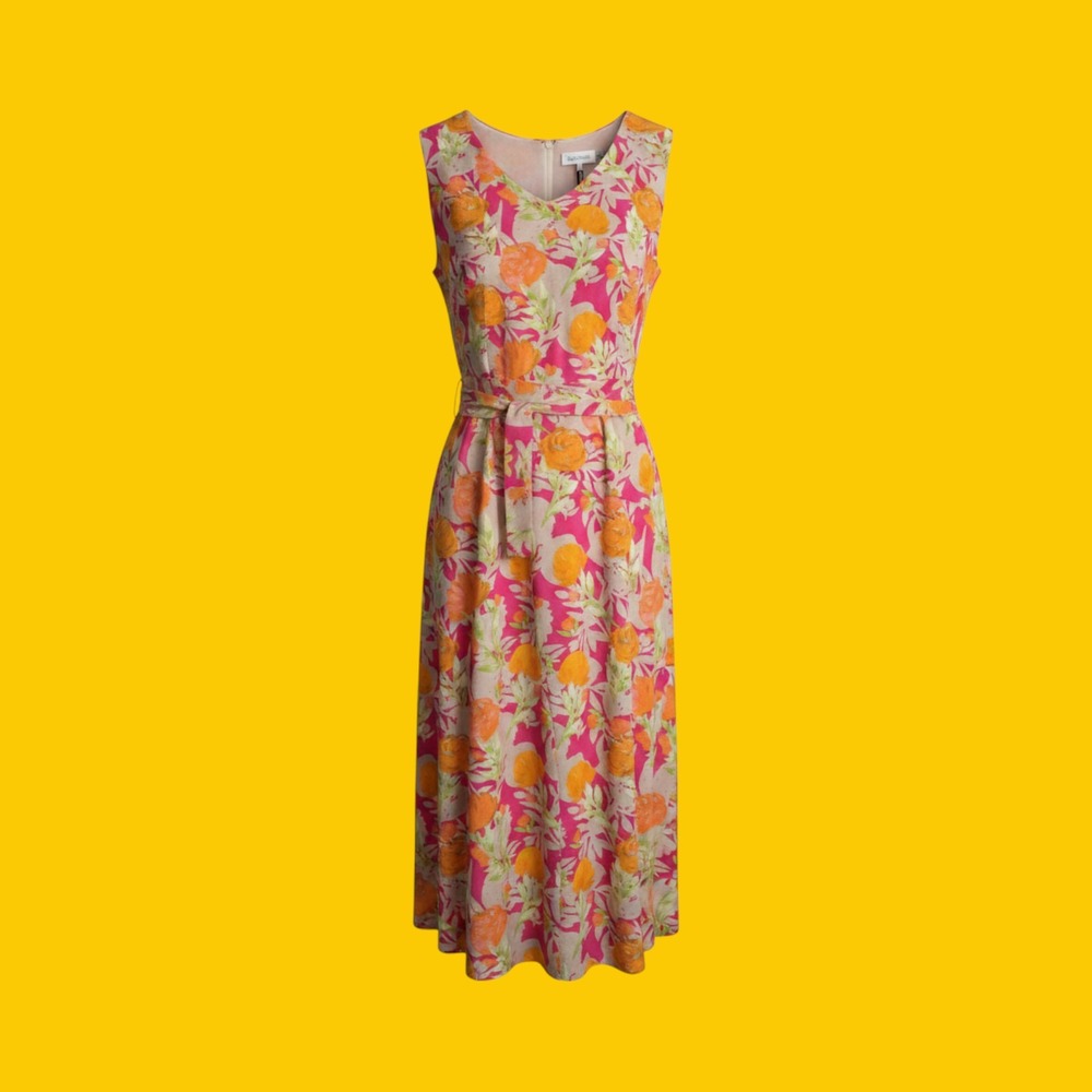 Calvin Klein Pink Orange Floral V-Neck A-Line Belted Midi Dress 20W W0EBZ968 NWT